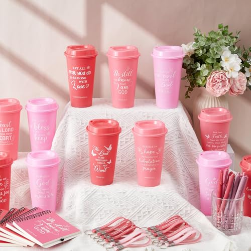 Skylety 12 Set/ 48 Pcs Christian Gifts for Women Men Religious Gift Set 16 oz Bible Scripture Cups with Lids Mini Spiral Notebooks Pens Keychains for Mother Father Birthday(Pink Gradient) - color: Pink Gradient