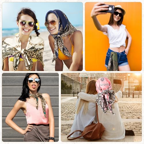 JATEBI 27''/35'' Women Large Satin Scarf Silk Feel Square Wraps Big Hair Bandanas Vintage Print Solid Color Bandana Scarves - color: Beige, Blue, Pink, Red, Green, Military Green Chain Leopard, size: 35'' Large