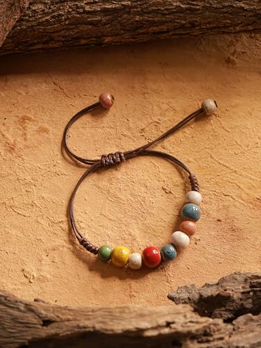 MINACHI Bohemian Colorful Ceramic Bead Adjustable Leather Bracelet, Boho Hippie Summer Jewelry Gift for Women - color: S02A