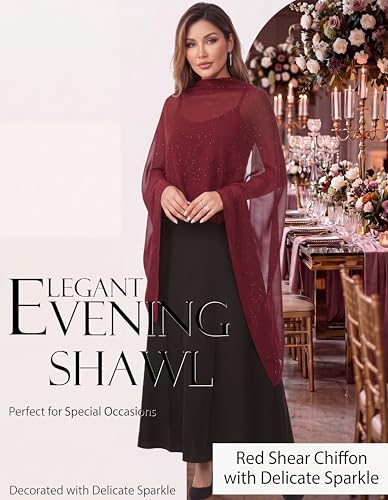 Shawls and Wraps for Evening Dresses Sheer Chiffon Women Elegant Soft Silky Sparkly Wedding Bridal Scarf - color: Burgundy B