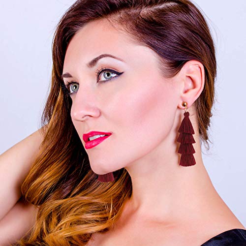 BaubleStar Tassel Earrings Handmade Tiered Thread Tassel Dangle Earrings, Multi Colors - color: Burgundy