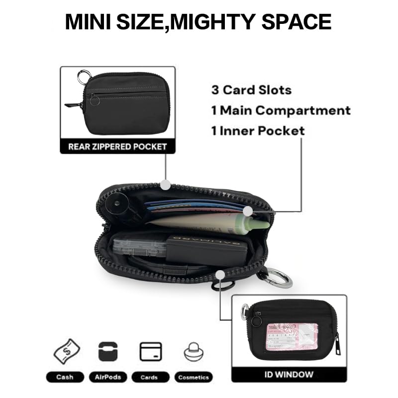 Wristlet Wallet for Women Mini Zip Card Case with Clear ID Window Zipper Coin Purse Lightweight Portable Keychain Wallet - color: Black