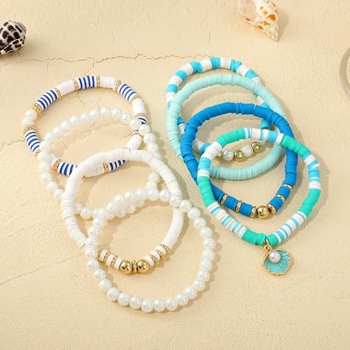 GOOJIDS Surfer Heishi Clay Bead Bracelets for Women Bohemian Stackable Gold Plated Beaded Stretch Bracelets Elastic Layering Friendship Bracelets Set Boho Jewelry - color: B-Blue Seashell Set