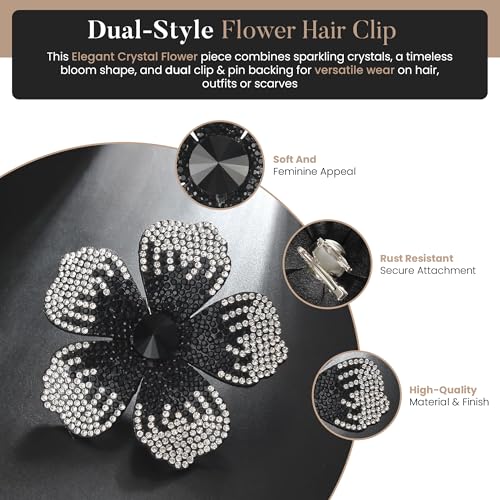 2.9 Inches Created Crystal Hibiscus Hawaiian Flower Hair Clips for Women | Boho Braids Artificial Flower Clips for Hair - color: Black