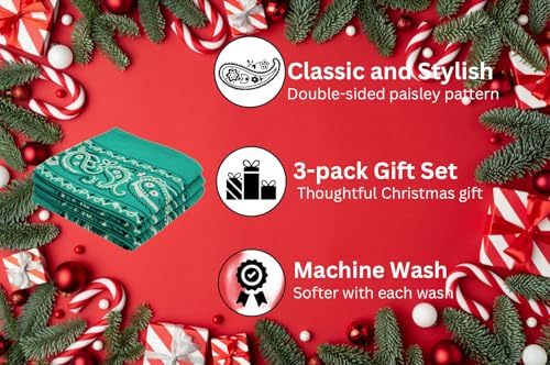 Classic Paisley Bandanas - 3 Pack Gift Set, 100% Cotton, 22x22 Inches - color: Teal