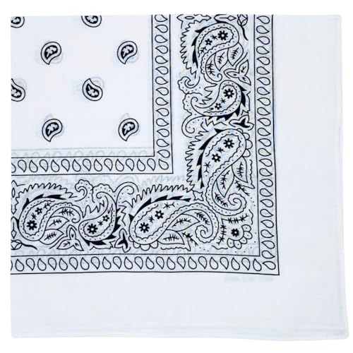 MDSTYLE 100% Cotton Bandana for Men & Women 22" x 22" Paisley Pattern Handkerchief Headband Scarf - color: White