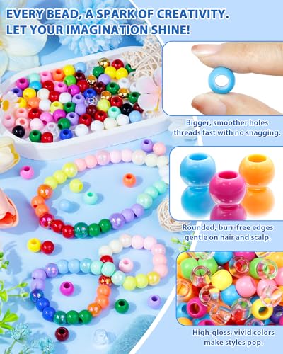 FIVEIZERO 260PCS Large Hole Hair Beads, 10x12mm Acrylic Pony Beads for Hair Braids, Bulk Pack - Mixed Colors for Bracelets & DIY - color: Mixed Color