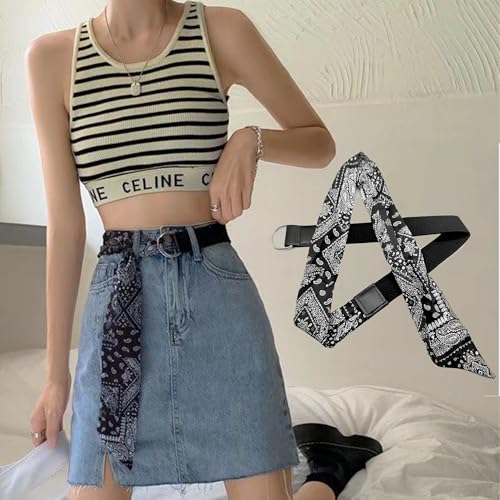 Women Boho Canvas Cowboy Belt Blue Paisley Western Belts with Double D-Ring Buckle 1.5" Wide