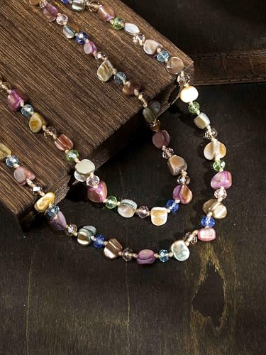 MINACHI Colorful Irregular Beaded Long Necklace, Coated Reflective Glass Beads, Bohemian Vintage Chunky Costume Jewelry for Women - style: Necklace R21-053