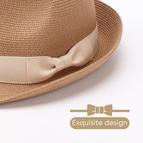 DRESHOW Women Straw Sun Hat Short Brim Panama Travel Fedora Summer Hat Roll Up Beach Cap for Women UPF 50+ - color: 1 Pack Rolled Hat: Khaki (Beige Band)