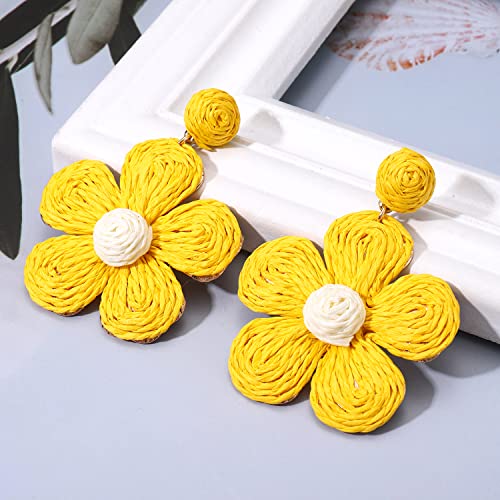 Rattan Earrings for Women Statement Boho Raffia Straw Wrapped Flower Drop Dangle Earrings Summer Tropical Beach Jewelry - color: Yellow