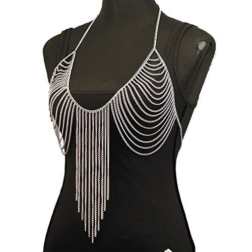 Chran Summer Beach Bra Top Chain Sexy Bikini Accessories Body Chains for Women Golden Necklace Party Jewelry - style: silver