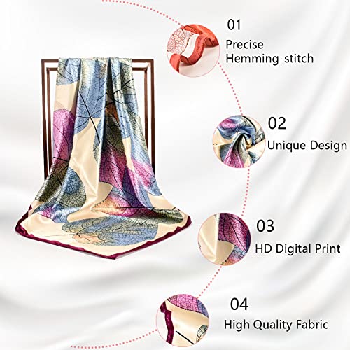 4Pcs Silk Head Scarves for Women Satin Hair Scarf 35”Large Square Bandana Silk Like Neck Scarf Shawl - color: Beige/Red/Purple/Gray