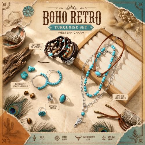 Ecally Bohemian Western Jewelry Turquoise Set Women Country Pendant Long Choker Layered Bracelets Earrings Ring for Women - color: Turquoise, style: Shiny