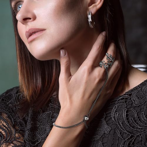 Fumete 6 pcs Finger Ring Bracelet Linked Rhinestone Hand Harness Chain Slave Bracelet with Ring Everyday Jewelry for Women - color: Black, style: Classic