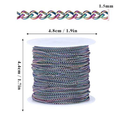 66FT Colorful Stainless Steel Curb Chains Roll, 1.5mm 304 Stainless Steel Multi Color Flat Twisted Links Curb Chains Bulk Spool for Jewelry Making DIY Craft - color: Colorful, size: 1.5mm width
