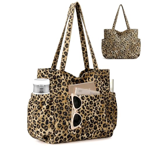 Corduroy Tote Bag for Women,Large Capacity Cute Tote Bags With 6 Pockets,Crossbody Shoulder Handbag for Work Travel Gym - color: Leopard Print