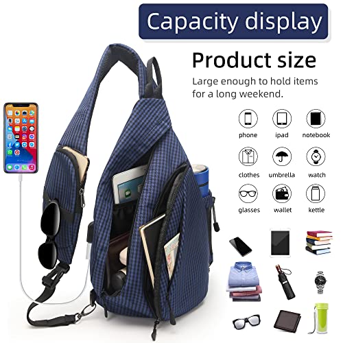 TurnWay Water-Proof Sling bag/Crossbody Backpack/Shoulder Bag with USB Charging Port for Travel, Hiking, Cycling, Camping - color: Blue Grid