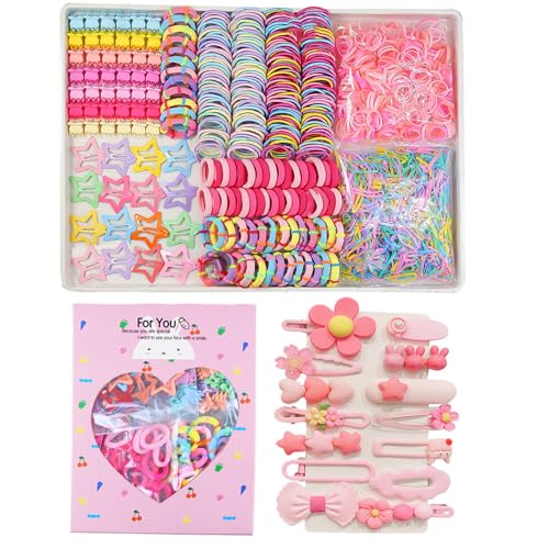 889 pcs Elastic Hair Ties for Girls Hair Accessories Ponytail Holders Colorful Rubber Bands Set with 14 pcs Cute Hair Clip - color: Pink