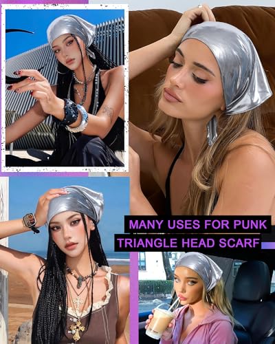 Punk Triangle Head Scarf with Metal Charms - Y2K Sparkly Bandana for Women | Vintage Neck Scarf for Festival Party Concert - color: Silver