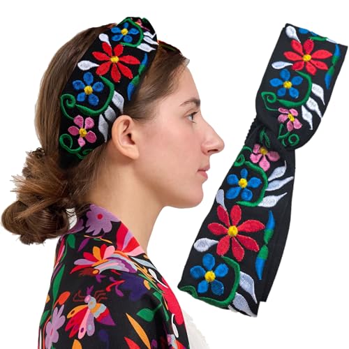 FANFAN Women's Mexican Handmade Embroidered Boho Headband – Elastic Floral Adjustable Hair Band for Weddings, Trendy Headwear for Evening Parties & Daily Wear E9 (Black, One Size) - color: Black