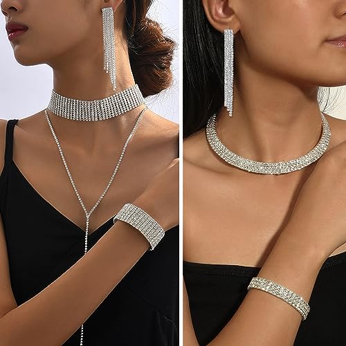 EIELO Rhinestone Jewelry Set for Women Wedding Bridal Triangle Clutch Bag Silvery Clutch Purse Glitter Choker Necklace Tennis Stretch Bracelets Ring Dangle Fringe Earrings Set - style: Silvery Clutch Purse
