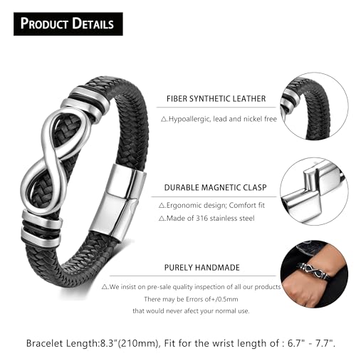 Men's Leather Infinity Bracelet Stainless Steel Number 8 Wristband Cuff Bangle Bracelets Gifts for Men, 8.3 & 9.1 inches - color: 01.Single-layers leather & silver infinity, size: 8.3inch(Fits most wrists.)