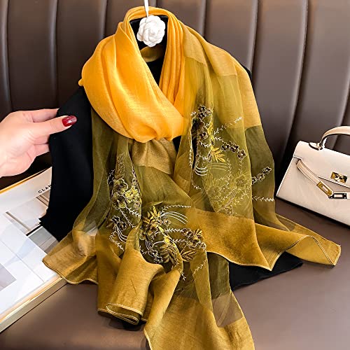 WINCESS YU Women Mulberry Silk Scarf Long & Large Embroidered Floral Pattern Shawl and Wraps Neckerchief for Hair & Neck - color: Gradient Yellow