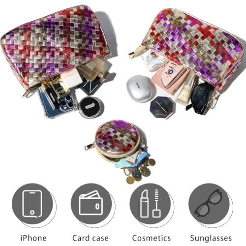 Handmade Woven Small Crossbody Bag for Women with Coin Purse, Designer Shoulder Handbag 3pcs Set, Mini Tote Clutch - color: Rose Multicolor