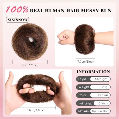 Messy Bun Hair Pieces for Updos 100% Real Human Chignons Scrunchies Hair Buns Stretchy Fluffy Faux Buns Wig Hairpiece Elastic Band Hairbun Donut Hair Bun Extensions for Women Chestnut Brown - color: Chestnut Brown