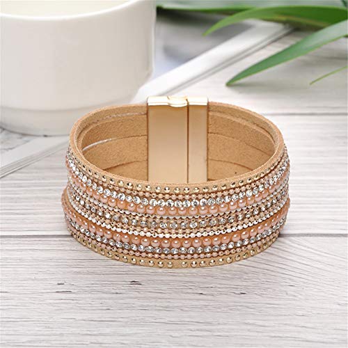 Artilady Leather Wrap Bracelets for Women - Pearl Bracelets Handmade Clasp Bangle Bracelet with Beads Jewelry Gift for Women and Mother - style: Shining Pink