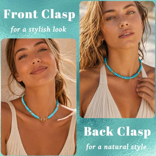 Colorful Beaded Necklace for Women Gemstone Bead Chokers Toggle Boho Natural Stone Surfer Necklaces Summer Beach Jewelry - color: C-Turquoise