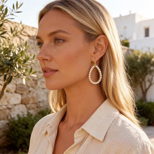 PEALICIOUS Summer Earrings for Women, Teardrop Boho Earrings Dangling Gold Hoop Earrings as Vacation Beach Jewelry, Beach Earrings Statement Gold Earrings for Her as Summer Gifts Wedding Accessories - color: White