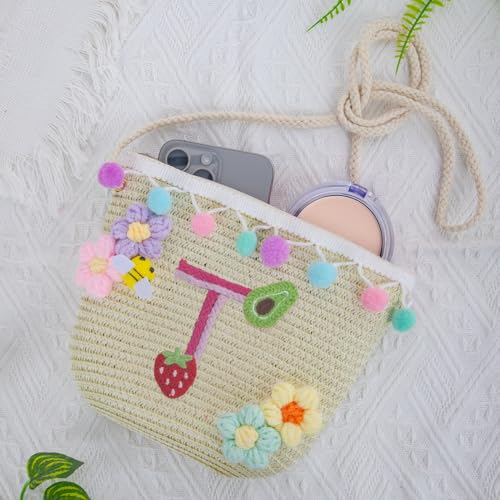 Letter Small Woven Straw Summer Beach Tote Bag for Women 2025,Woven Straw Beach Purse Shoulder Crossbody Bag for Women 2025 - color: Brown T