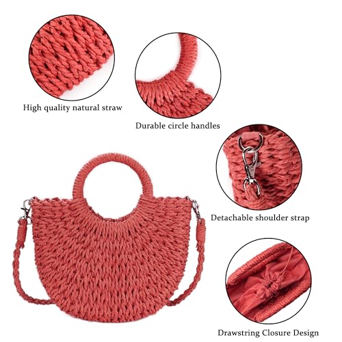 Womens Straw Beach Bag Woven Crossbody Shoulder Bags Top Handle Satchel Handbag Purse for Summer - color: Red