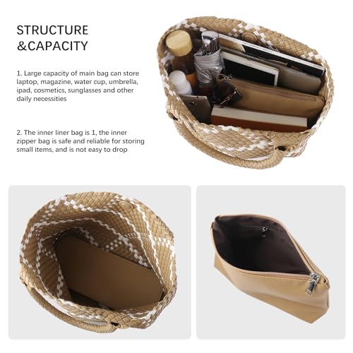 Woven Tote Bag Womens Purse Vegan Leather Shoulder Handbags Fashion Summer Beach Tote Bags Large Travel Totes - color: Apricot-w