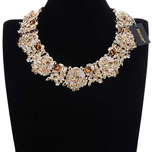Jerollin Crystal Rhinestone/Pearl Statement Chain Necklace, Vintage Choker Bib Pendant Necklace Bohemian Bling Tassel Collar Statement Necklace for Evening Party - color: Tawny
