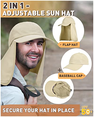 Tirrinia Wide Brim Sun Hat with Neck Flap for Men & Women, Breathable Hiking Fishing Safari Hat, Outdoor UV Protection Cap - color: #3 Tan