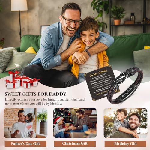 MEALGUET Men's Bracelets Gifts for Men - Brown Braided Leather Infinity Knot Bracelets Engraved Love Massage for Son Man Husband Boyfriend, Mens Bracelet Jewelry Gift for Birthday Valentine's - style: to my daddy from son