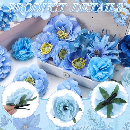 BBTO 21 Pcs Flower Hair Clip Rose Hair Clips Barrettes for Women Flower Accessories Boho Bride Claw Clip Hairpin Brooch Pin Headpiece for Wedding (Blue Series) - color: Blue Series