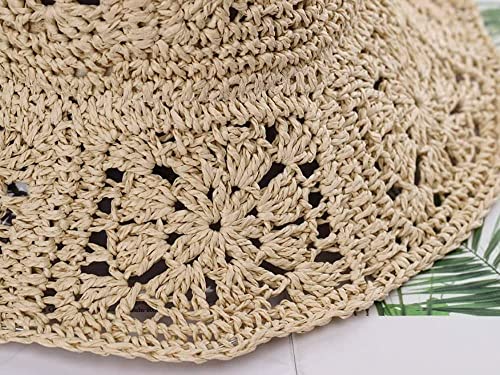Women Straw Sun Hat Floral Woven Crochet Bucket Hat Y2k Aesthetic Accessories Beach Hat Hand Woven Boho Foldable Cap - color: Khaki