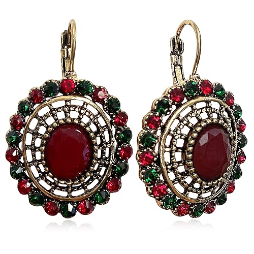 Unique Bohemian Vintage Sparkly Crystal Colorful Round Flower leverback earrings Boho Retro Bronze Circle Beaded Flower Floral Dangle Drop Earrings for Women - color: Red 9