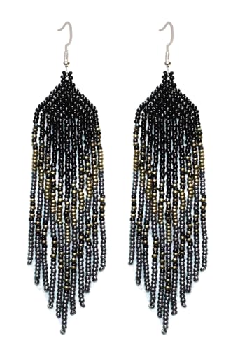 Long Beaded Dangle Earrings – Boho Native Handmade Seed Bead Tassel Bohemian Large Statement Drop Fringes for Women - color: Black,