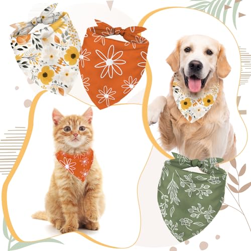 Whaline 4 Pcs Boho Pet Bandanas, Daisy Rainbow Floral Flower | Dog Scarf, Washable, Adjustable Triangle, For Cat Pet Birthday Costume