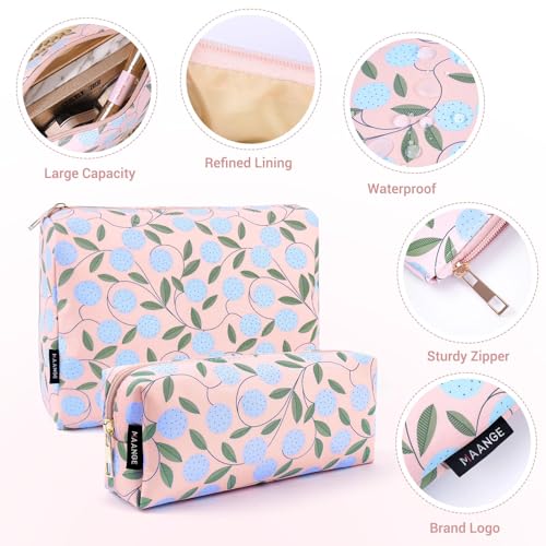MAANGE 2PCS Makeup Bag for Women, Cosmetic Bag Set, Portable Travel Makeup Bag, Bolsa de Maquillaje, Impermeable Oxford Cloth Make Up Organizer with Gold Zipper(Pink Plants) - color: 2 PCS