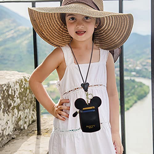 BUUFAN Chic Black Cute Travel PU Leather Student ID Card Holder Lanyard Neck Pouch Bag With Coin Wallet Purse for Students Women Kids Teens Girls - color: BLACK