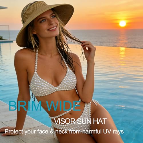 Women's Sun Visor Hats Wide Brim Beach Hat Straw Ponytail Visor Packable Foldable UPF 50+ Floppy Travel Hats - color: Khaki01
