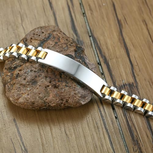 Custom Mens Bracelet Personalized Watch Band Engraved Name Bracelets for Men Customized ID Cuff Wristband Gift for Dad Husband - style: Silver&Gold-1.5cm