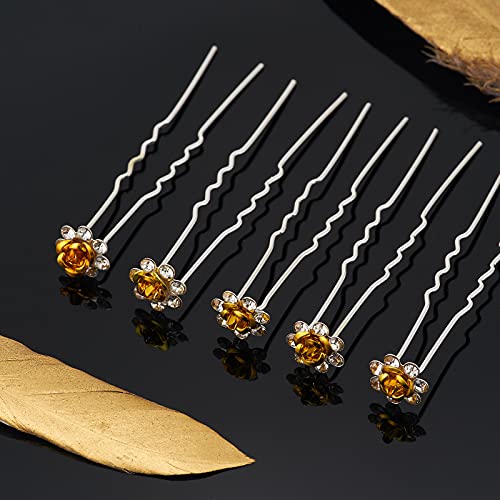 QIUTIMIY 20 Pack (Yellow) Crystal Hair Pins Rose Flower Rhinestone Hair Clips for Bridal Wedding Women Hair Jewelry Accessories, with Clear Container - color: Rose Flower-Yellow