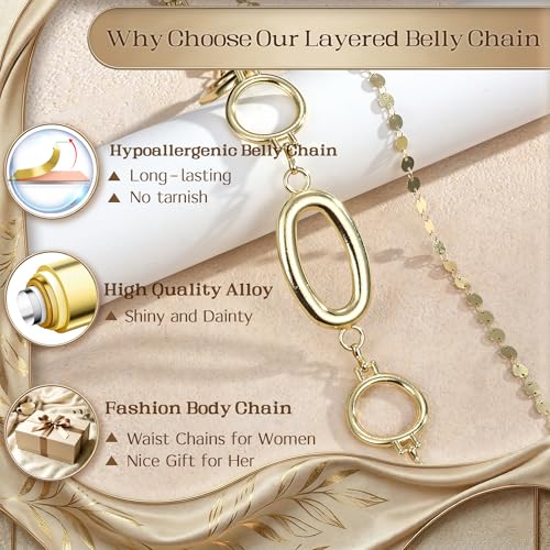 Florideco Waist Chain Belt for Women, Layered Belly Chain, Waterproof Boho Pearl Concho Cuban Body Chain, Adjustable Summer Beach Coachella Fashion Jewelry for Jeans Dresses - style: Gold Plated-Disc Chain